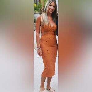 Endless Blu Orange Cutout Ribbed Midi Dress Size Medium